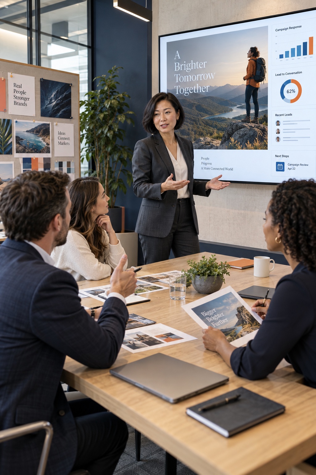 A marketing team plans a campaign around a presentation of creative concepts in a corporate meeting room
