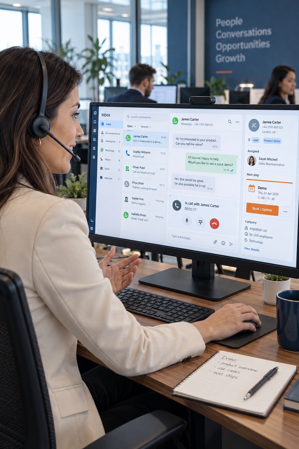 A sales representative handles a WhatsApp enquiry and a customer call with the next appointment visible