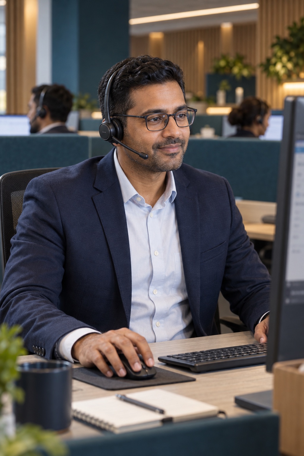 A support specialist wearing a headset handles a customer issue in a corporate service centre